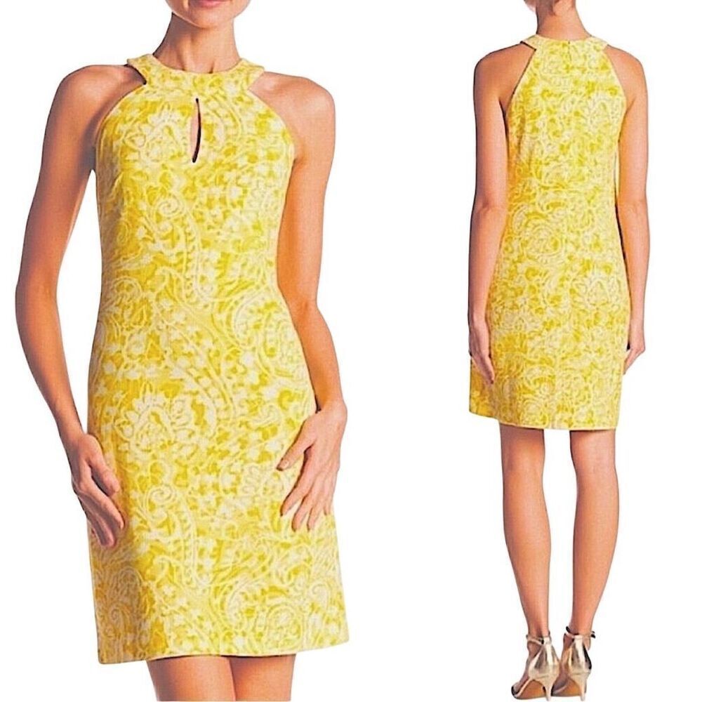 Vince Camuto Keyhole Halter Neckline Yellow Shiftdress, 10. Summer Yellow Paisle